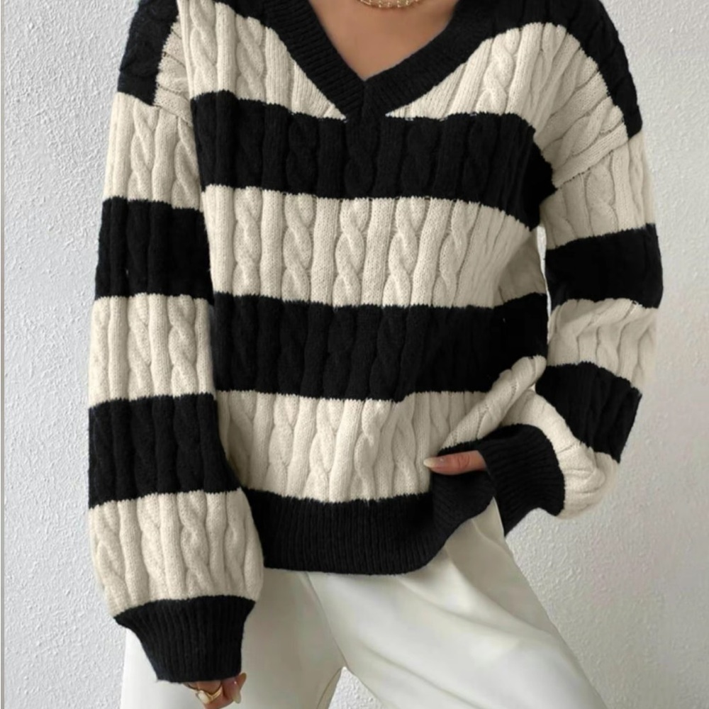 Black and White Striped V-Neck Sweater